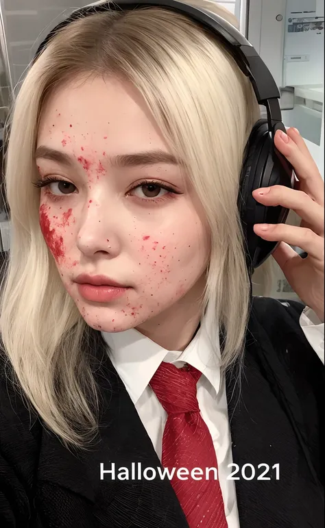 Mulher loira com manchas vermelhas no rosto e fones de ouvido, cosplay realista, brutal sluty sluty maquiagem, pale woman covered with blood, brutal sangrenta e maquiada, uma aluna hiperrealista, respingo de sangue nas laterais, cosplay profissional, sangu...