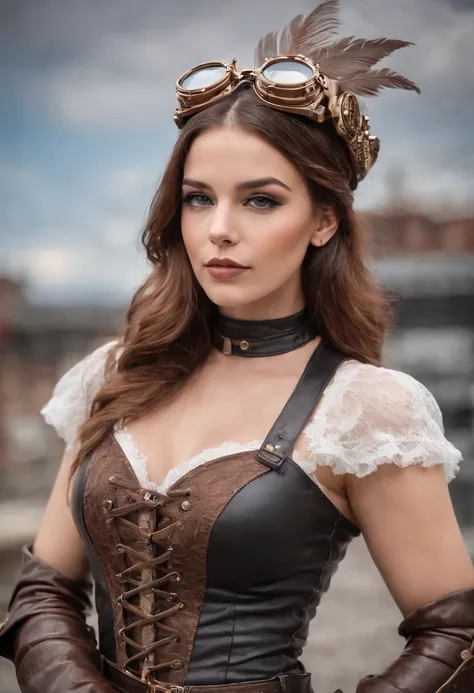 Em um mundo de fantasia steampunk, uma mulher com um estilo punk a vapor assume o centro do palco enquanto caminha por uma rua intrigante. She is dressed in a flawless black leather outfit adorned with gleaming metallic accents, que a destacam na paisagem....