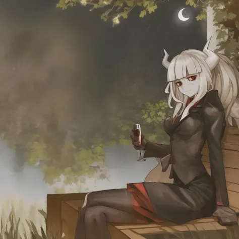 Helltaker Lucifer, beautiful breasts, excited look, shy, in stockings, sitting on a bench, holding a glass of wine in his hands, red wine, black stockings, in a mini skirt, black skirt, jacket, red jacket, in a shirt, white shirt, touching his chest, eyes ...