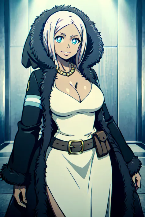 HIBANA, LONG HAIR, DARK SKIN, DARK-SKINNED FEMALE, LARGE BREASTS, FUR TRIM, CLEAVAGE, COAT, DRESS, JEWELRY, NECKLACE, OPEN COAT, THIGHS, WHITE DRESS, OPEN CLOTHES, SYMBOL-SHAPED PUPILS, HOOD, BELT, 1girl, solo, upper body, facing viewer, looking at viewer,...