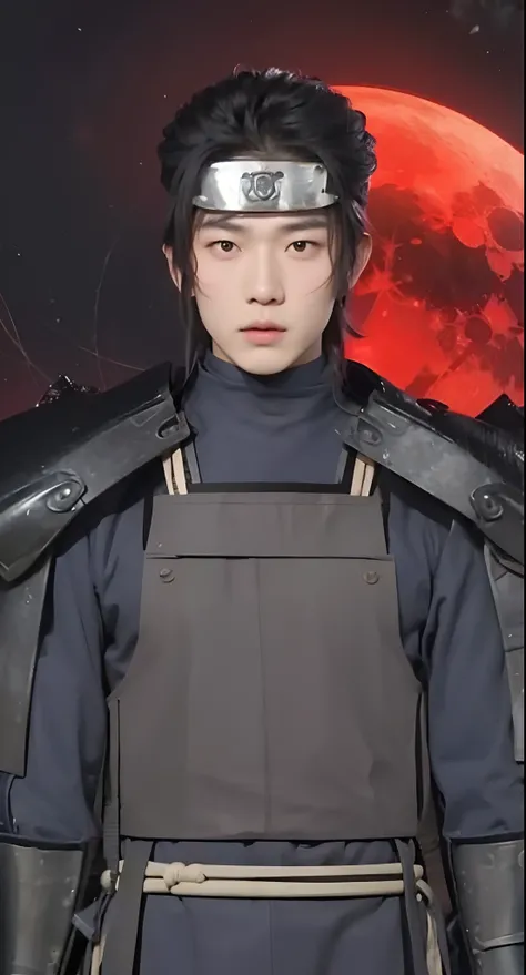 Real life adaption of this character, Korean teen handsome face, cool expression, looking to viewer,(realistic same exactly hair), realistic same outfit wear red gray armor like samurai outfit, realistic red moon background in the field, hyper realistic, r...