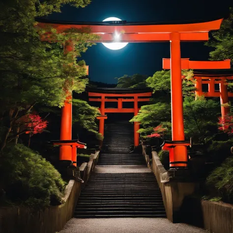 There is a staircase at the back of the old streets of Kyoto.、You can see the torii gate on it, There is a shrine further back..In addition, you can see a large full moon.