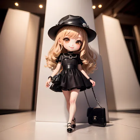 ​masterpiece、top-quality、ultra-detailliert、(Chibi Charas Daughter:1.2)、brown long-haired、Black capelin hat with brim、Mini dress with silver glitter、Black pumps、Black Chanel Bag、Full-body standing figure、A smile、Solo、Background is an exhibition of new Chane...