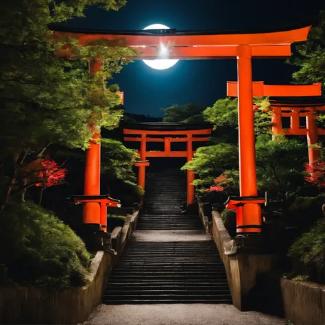 There is a staircase at the back of the old streets of Kyoto.、You can see the torii gate on it, There is a shrine further back..In addition, you can see a large full moon.