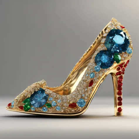 A luxurious yellow gold heel set with blue, red and emerald sparkling diamonds.Close up,((Best quality,4K,8K,A high resolution,Masterpiece:1.2)),((super ultra detail)),((Realistic,Photorealistic,photo-realistic:1.37))