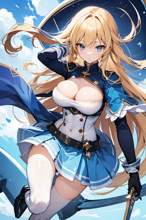 4k,hight resolution,One Woman,a blond,Longhaire,big breasts,The brave,Blue Hero Clothing,Blue skirt,Long white boots,Long white gloves,Black tights,Excalibur