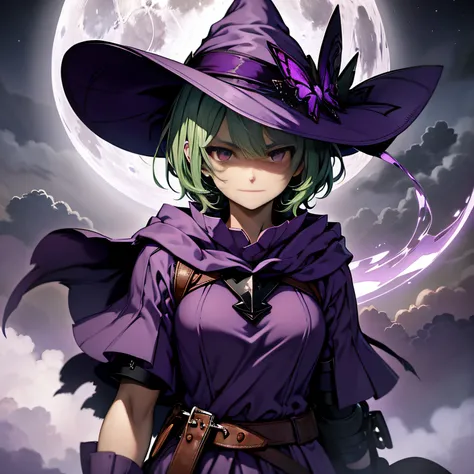 top-quality、extremely delicate and beautiful、(A teenage girl)、Purple Eye、Green hair、short-haired、(purple witch hat)、Purple tie、Soio、shortsleeves、Purple skirt、Purple Wizard Robe、Navel、is standing、Facing the front、Expression of hatred、Grinning、Full moon nigh...