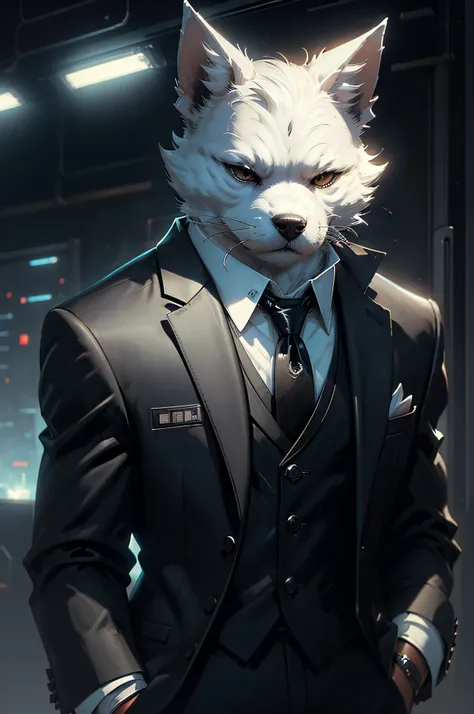 (man in black suit and tie)comic strip、anthropomorphic white terrier dog、cyberpunked