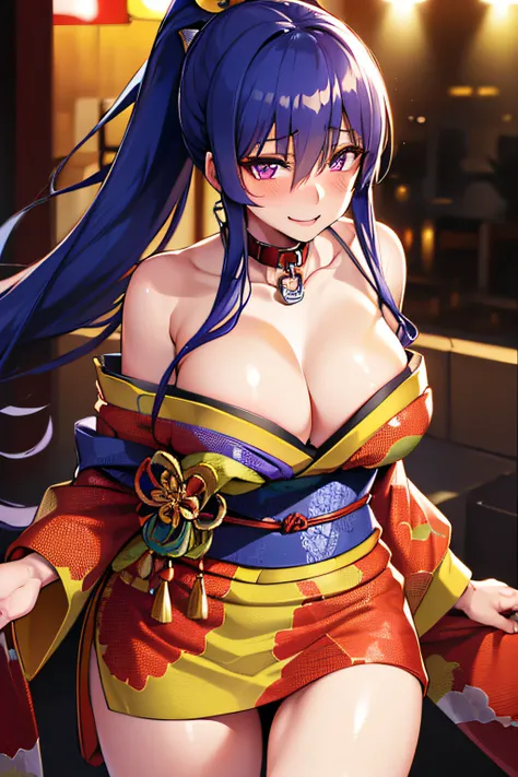 rinko, (Sexy Gorgeous japanese kimono,low-cut neckline,delicate embellishments:1.2),(no panties),Open neckline,large breasts,long hair, ponytail,blue hair, hair between eyes, sidelocks, purple eyes, looking at viewer,(You Guo),(highres, high quality:1.1), ...