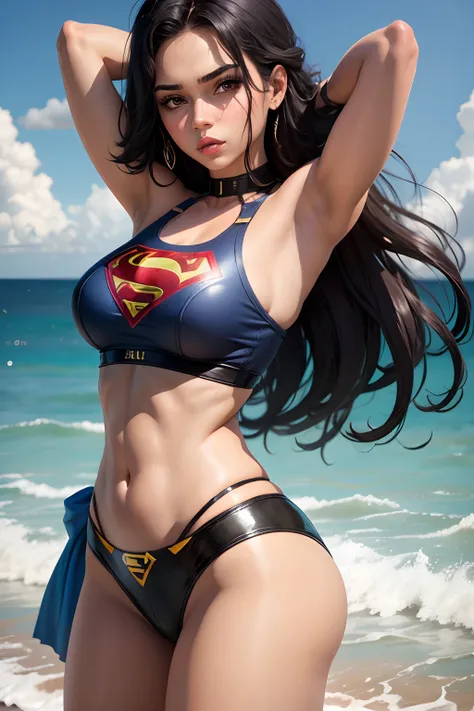 super menina, cabelo preto curto, Axilas, olhos amarelos, sbikini, molhado. Supergirl de totalmente cabelos loiro dourados .