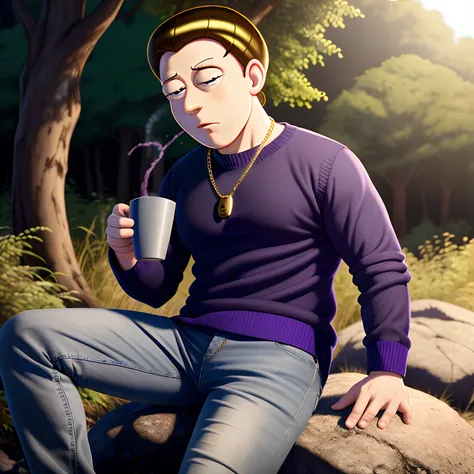 Hyper realistic Peter from family guy wearing a blue sweater and grey jeans with a gold neck chain and white air forces sitting outside in the forest on a rock holding a white cup with glowing purple juice