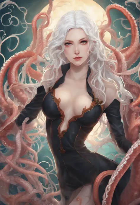 There is a woman with white hair, Covered with tentacles, tentacles around, some tentacles are touching her, Tentacles, many tentacles, Fine details. anime big breast. Tentacles, Tentacle,  Young woman