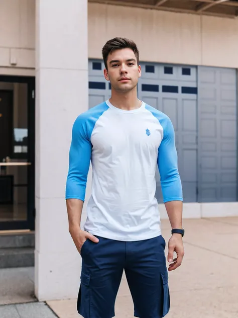 medium photo of man sc_walker  white and blue Raglan sleeve t-shirt, cargo shorts