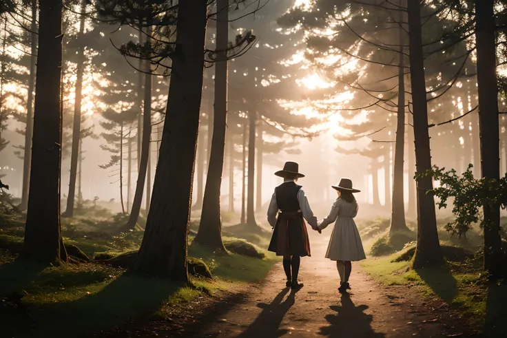 A little girl and a boy dressed in XVIII century clothes, searching for their way home in the middle of a sinister foggy forest. Sunset light filtering through the trees.