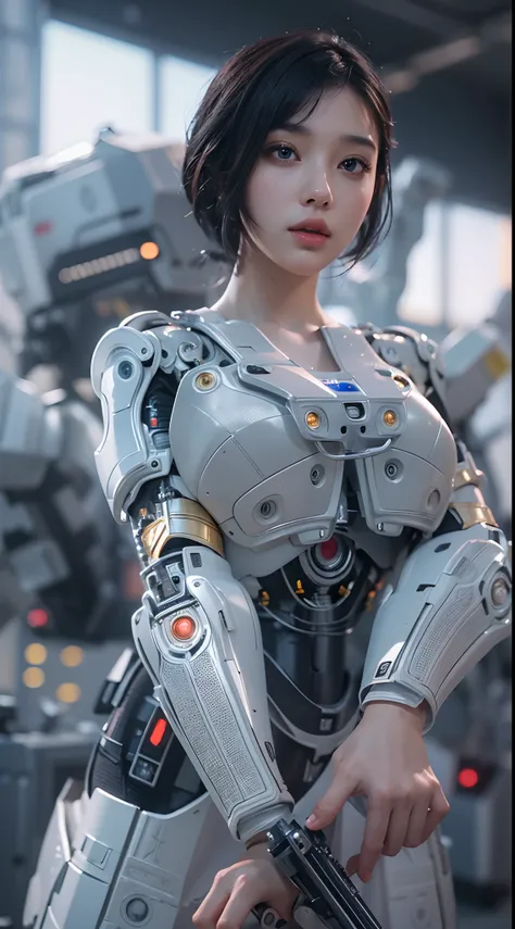 ((Masterpiece))), ((Best Quality))), ((Ultra Detailed)), (Ultra Real), (Highly Detailed CG Illustration), Cinematic Light, Realistic, Very Beautiful Young Lady, (Beautiful Face and Lips), Intricate Details, Full View, Weapon, Robotic Arm, Cinematic Quality...