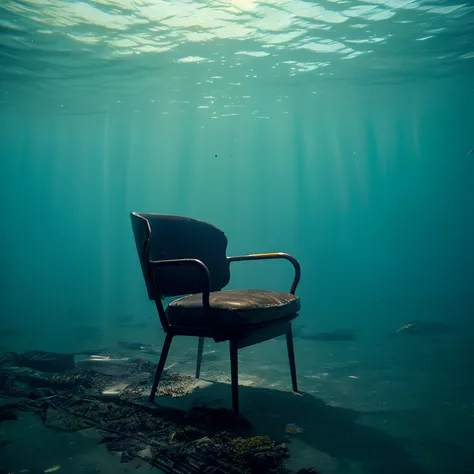 A decaying easy chair sinking to the bottom of the deep sea。