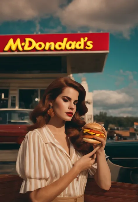 (lana del rey, music icon, vintage vibes, dreamy atmosphere, melancholic mood, retro aesthetic, mcdonalds, mcdonalds resturant)