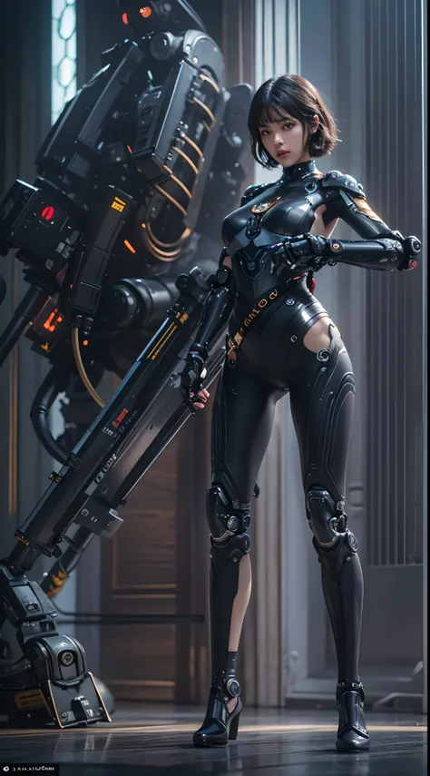 ((Masterpiece))), ((Best Quality))), ((Ultra Detailed)), (Ultra Real), (Highly Detailed CG Illustration), Cinematic Light, Realistic, Very Beautiful Young Lady, (Beautiful Face and Lips), Intricate Details, Full View, Weapon, Robotic Arm, Cinematic Quality...