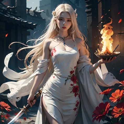 White sword in right hand. Focus on the right hand. Bloody flowers blooming in the chest. Smoke, blood and fire in the background. Character walka on fire "