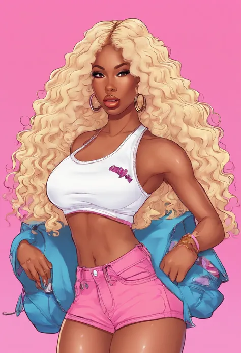 there is a woman with long hair, light pink background with smoke, from Dominican Republic , sza, gorgeous woman that looks like doja cat, long curly hair, ☁🌪🌆👩🏾, she is wearing a white tank top and jean shorts , black hair, black long curly hair, young bl...