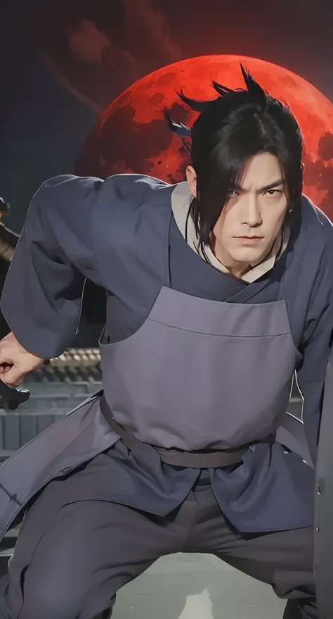 Real life adaption of this character, old handsome face, villain expression, looking to viewer,realistic same hair , realistic same outfit wear gray iron armor like samurai outfit, realistic red moon background, hyper realistic, realistic light, realistic ...