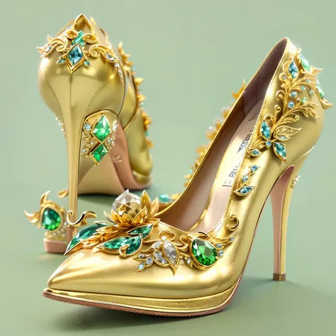 A pair of luxurious yellow gold pumps set with gemstones and brilliant diamonds.Close up,((Best quality,4K,8K,A high resolution,Masterpiece:1.2)),((super ultra detail)),((Realistic,Photorealistic,photo-realistic:1.37))