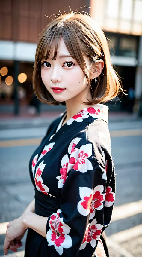 (8K, Raw photo:1.2), Detailed face and eyes,Best Quality, 超A high resolution, Highly detailed ,intricate detailes ,masutepiece ,Cute Girl , Soft cinematic light, Hyper-detailing,Sharp Focus, High quality, Blonde hair, bob cuts, Yukata