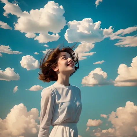 masterpiece, best quality, movie still, 1girl, floating in the sky, cloud girl, cloud, (close-up:1.1), bright, happy, fun, soft lighting, (Bauhaus, shapes, lines, abstract:1.1)