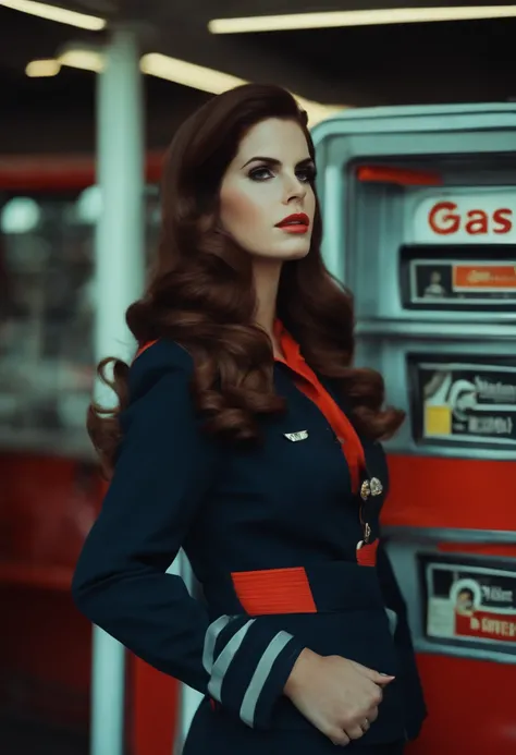 (lana del rey, music icon, gas station, gas station employee, uniform)