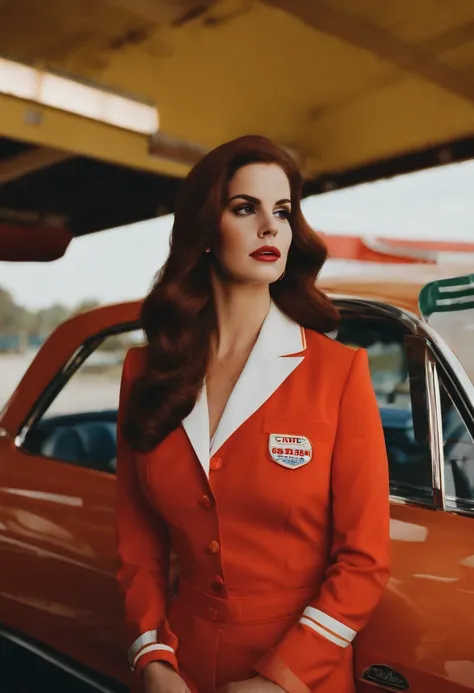 (lana del rey, music icon, gas station, gas station employee, uniform)