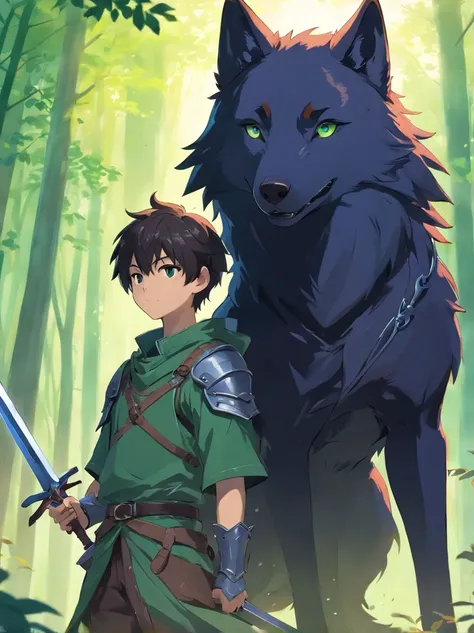 A black anime style wolf and a boy with dark green short hair，Holding a medieval sword in armor