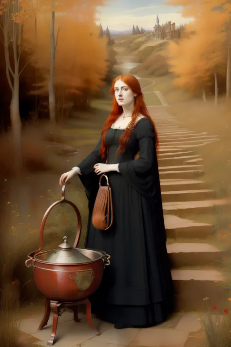 (((pre-raphaelite painting of a red-haired witch with her cauldron, paisagem celta outonal)))