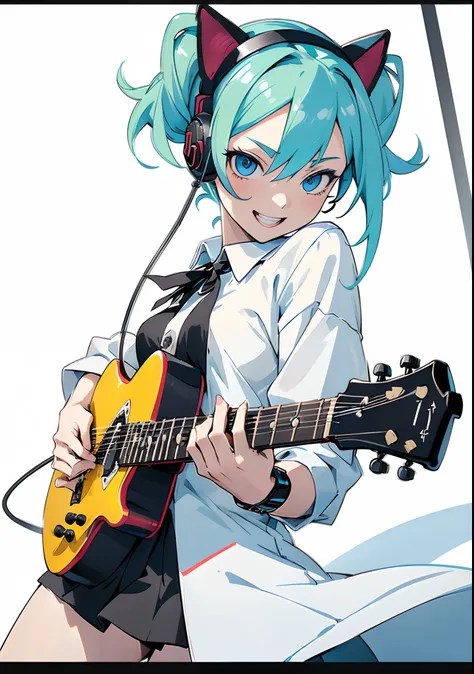 ((masutepiece, Best Quality))1girl in, Solo, Black Dress, Blue eyes, ((electric guitars)), headphones, double ponytails, (Jump while holding a guitar), holding plectrum, musical instrument, (long green hair), Music, One side up, Twin-tailed, (Cats ears)、pl...