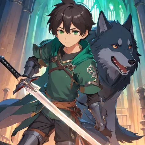 A black anime style wolf and a boy with dark green short hair，Holding a medieval sword in armor