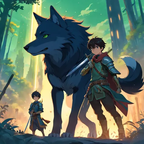 A black anime style wolf and a boy with dark green short hair，Holding a medieval sword in armor