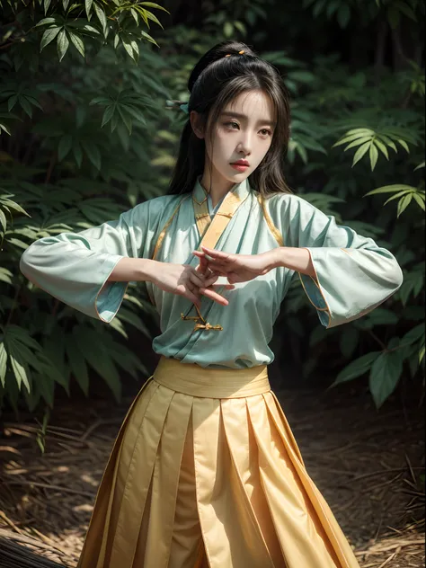 (Beautiful girl practicing Tai Chi Kung Fu pose in the park: 1.2), (Hanfu, Ming dynasty clothing, White Mountain, Multi-color chest PO skirt, Yellow belt，pleatedskirt), Infrared photography, Graphic design, poster for, fine art, vivd colour, 1.4x realism，h...