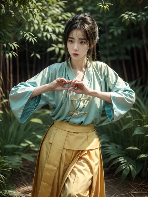 (Beautiful girl practicing Tai Chi Kung Fu pose in the park: 1.2), (Hanfu, Ming dynasty clothing, White Mountain, Multi-color chest PO skirt, Yellow belt，pleatedskirt), Infrared photography, Graphic design, poster for, fine art, vivd colour, 1.4x realism，h...