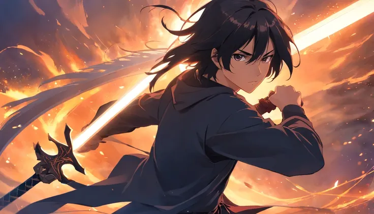 "Tough swordsman，Long black hair，wearing black clothes，holding enormous sword，Stand in a smoky battle scene，Muscle tightness，with a determined look in his eyes。"