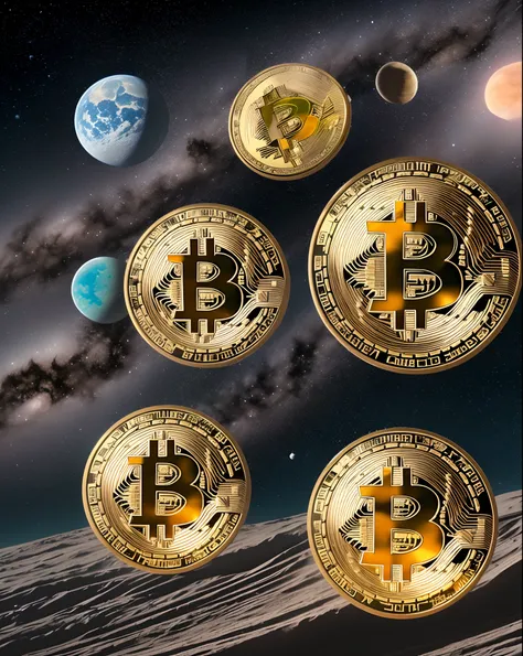 Bitcoin cryptocurrency symbol on the moon next to planets