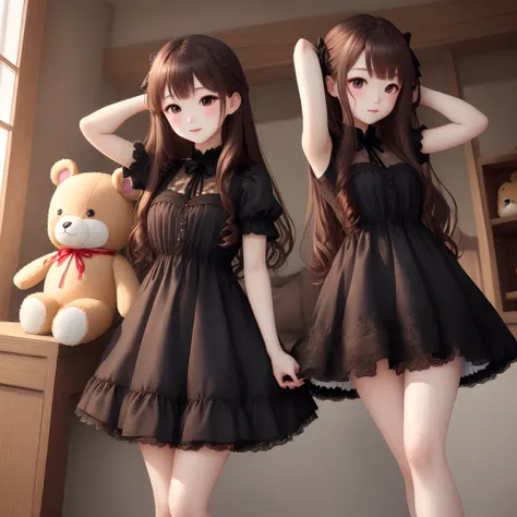 Brown hair、The long-haired、Twin-tailed、Tying hair with ribbons。Wearing a black dress with lace and ruffles、eyes are red、Girlish figure、Accompanied by a stuffed animal、