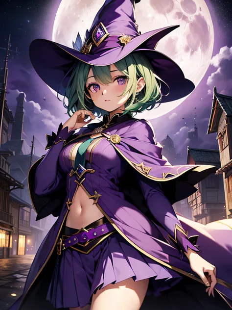 top-quality、extremely delicate and beautiful、(A teenage girl)、Purple Eye、Green hair、short-haired、(purple witch hat)、Purple tie、Soio、shortsleeves、Purple skirt、Purple Wizard Robe、Navel、is standing、Full moon night on background