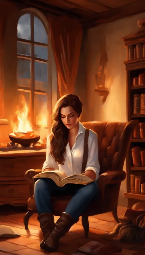 Oil painting depicting a cozy scene by the fireplace, armchair, bookshelf, a table, candle lights, cup of hot chocolate, with a few autumn leaves on the floor and one pumpkin on the mantelpiece and on the floor; The girl is sitting in a chair: round face, ...