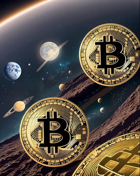 Bitcoin cryptocurrency symbol on the moon next to planets