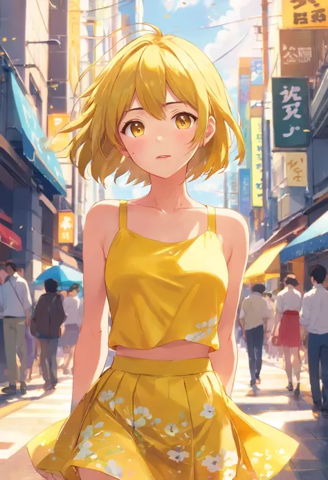 ((top-quality, 8K)), (Realistic), (Face focus: 1.1), (amarelo: 1.3), kawaii girl, short-hair, Hair fluttering in the wind, Facing to the side, Look up at your face, Eyes closed, (Sleeveless: 1.1)、Skirt, d-cup breasts,Countless petals are falling