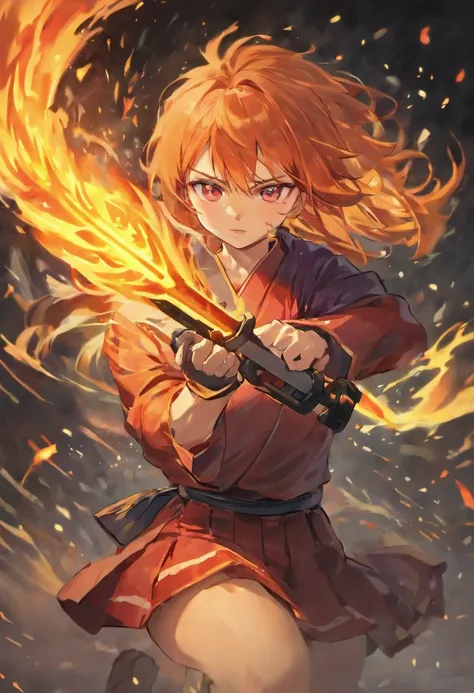 Kokushibo, cool, dynamic, 8k, with Kokushibos sword, in fire (best quality, 8k, highres, masterpiece:1.2), dynamic, powerful, intense, beautiful detailed eyes, detailed facial features, flowing long hair, confident stance, fierce expression, sharp and eleg...