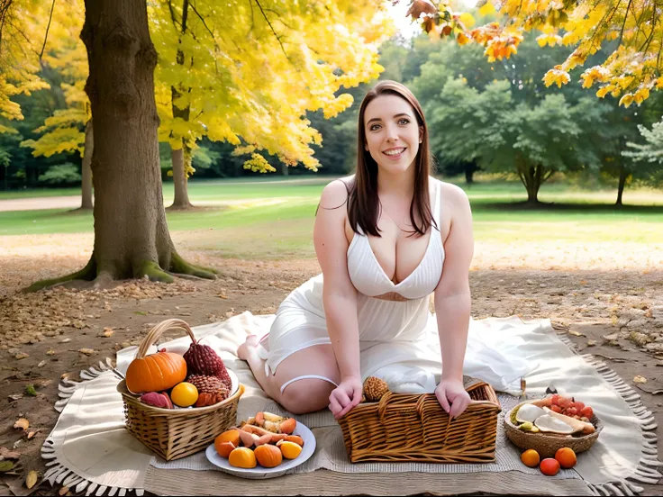 hyper-realistic photo of Angela White, 28 years old (wearing a short, loose white dress) (silky hair, loose hair) (friendly smile) (skin texture), Picnic, picnic basket, bottle, nature, outdoors, trees , grass, bushes, sunny autumn day, autumn colors, anal...