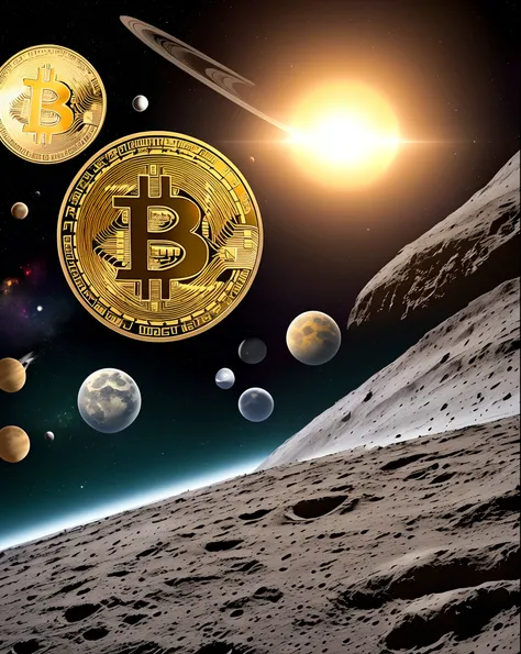 Bitcoin cryptocurrency symbol on the moon next to planets