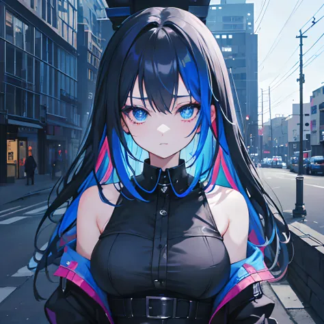 A goth girl in a blue neon city, Your character sheet is a canvas for endless possibilities and creative expression, Anime style, por el ancho, de  pie, colores azules, expresiones de enojo, Ira, desprecio, expresiva, saltando un edificio