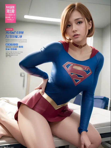 ​masterpiece,Supergirl Costume, short-hair, bare-legged, a gorgeous,surgery room、Operating table、straddle、depraved、shiny、Looking at the camera、Provocation、estrus、a choker、Weekly magazine cover、Ultra mini skirt、Cheerful pose