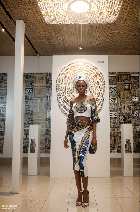 African woman dressed in African designed clothes, standing in museum full of QR code sculptures, white scene and white background with a mix of different colours,  QR code wallpapers and tiles and art work all over the room, light shining with iridescent ...